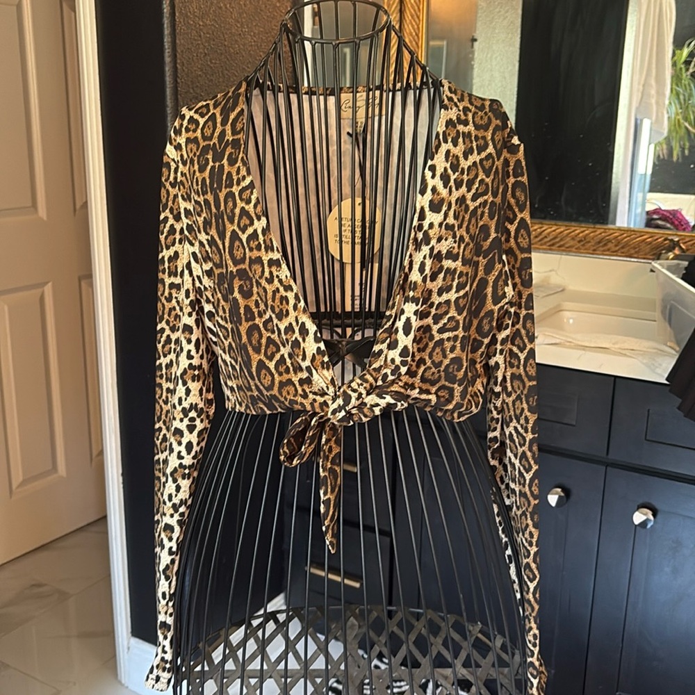 Lindy Bop Brown Black Tie-Front Crop Blouse bolero pinup rockabilly animal print